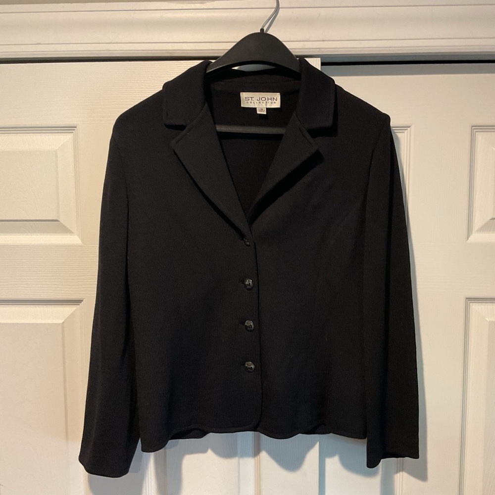 St. John Collection Vintage Black Wool Women's Stretchy Suit Jacket Blazer, 12